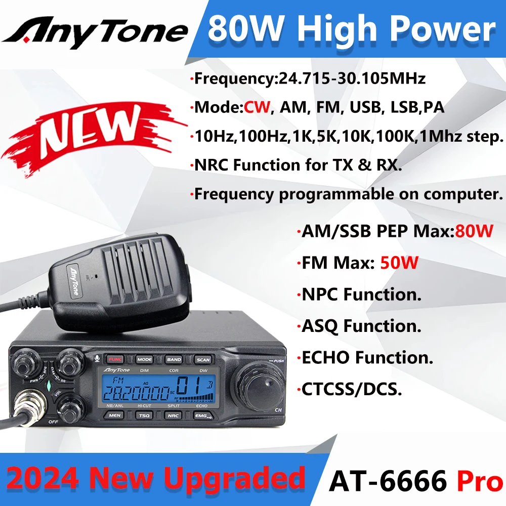 Anytone-AT-6666Pro車の移動式ラジオ、80wハイパワー、28.000-29.695mhz、cw am fm usb lsbt paモード、40ch、新しい、2024