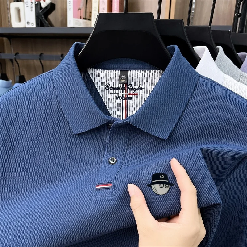 Designer New Autumn Printed Men's Polo Shirt 100% Cotton Solid Color Long Sleeved Lapel T-Shirt Trendy Versatile Men's Clothing