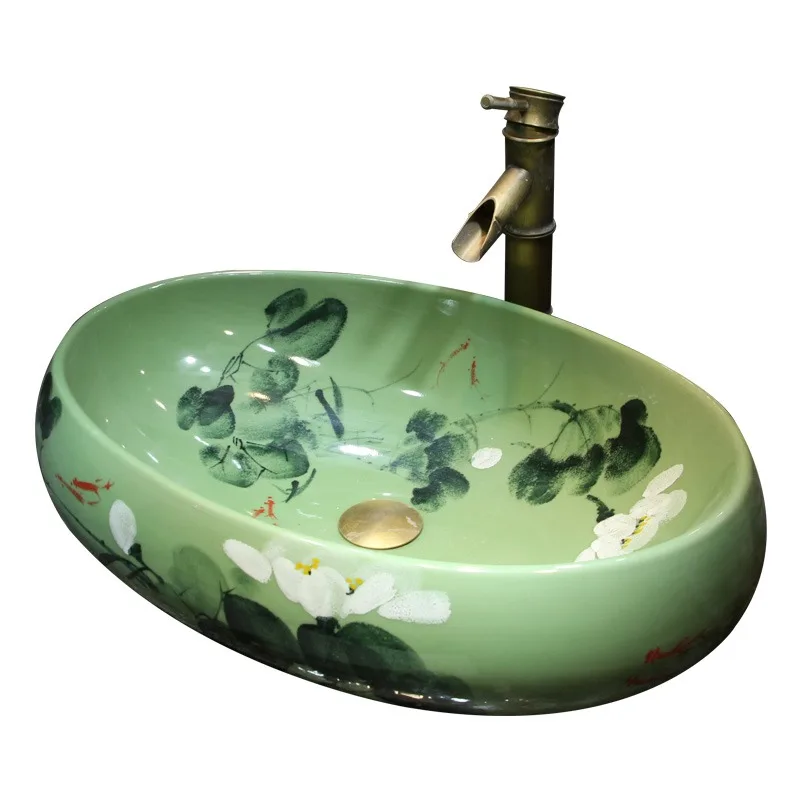 

Large oval ceramic hand-painted lotus table basin, home Chinese style art wash basin, balcony personalized washbasin