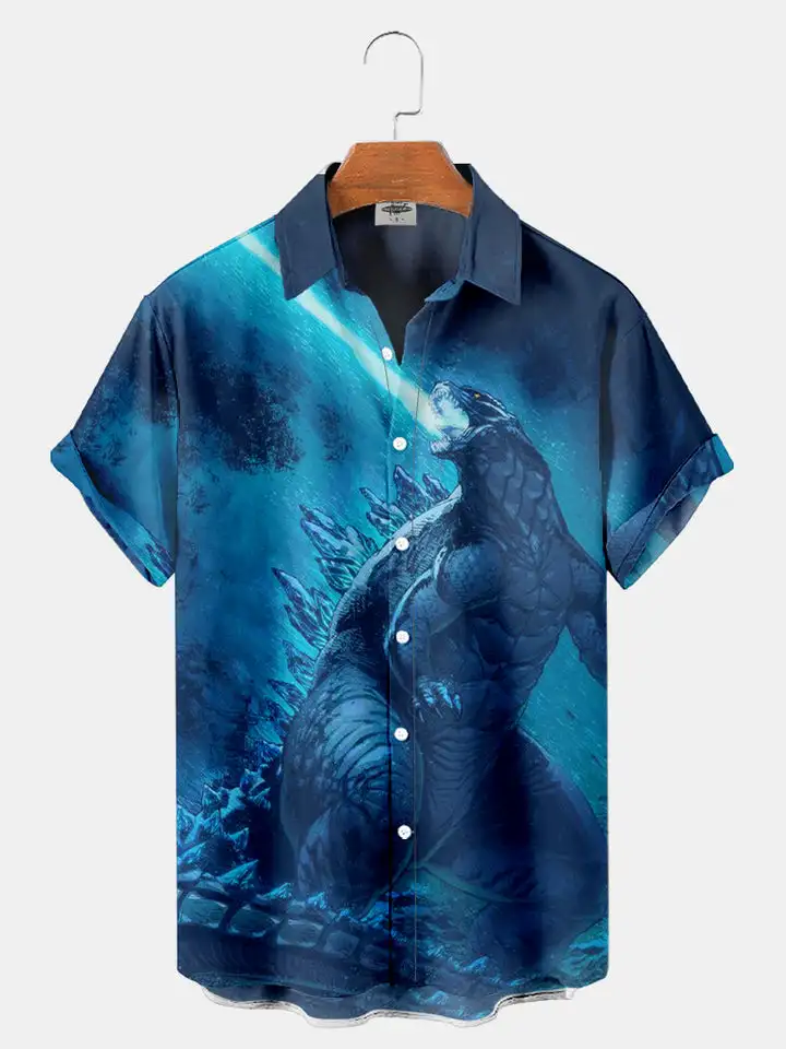 Men's classic sea monster printed shirt summer cool street men's and women's couples style shirt single button lapel short shirt