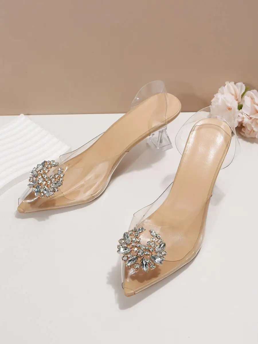 Women Rhinestone Decor Slingback Peep Toe Clear Pyramid Heeled Pumps, Fashionable Jelly Pumps,Summer Outfits