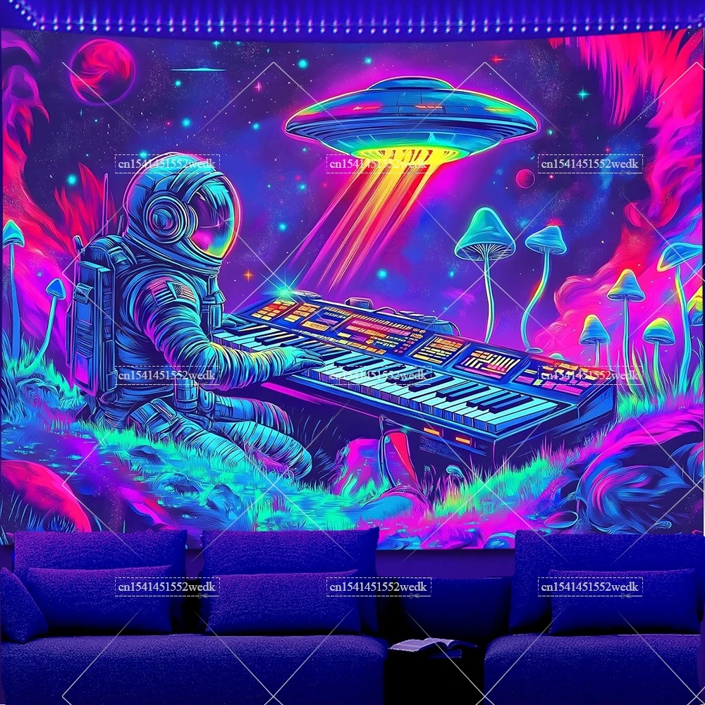 Blacklight Astronaut DJ Tapestry jellyfish UV Reactive Galaxy Planet Glow in Dark Mushroom Tapestries Black Light Neon Posters