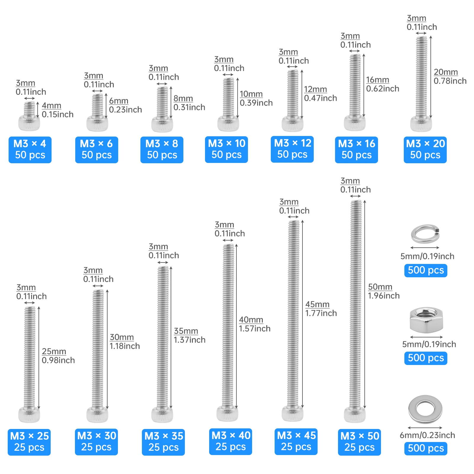 2000 pcs 304 Stainless Steel M3-0.5 x 4-50 mm Hex Socket Head Cap Screws Bolts Nuts and Washers Assortment Kit