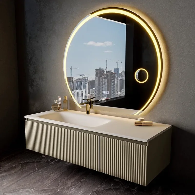 Waterproof Solid Wood Bathroom Cabinet, Ceramic Integrated Basin, Skin Feeling Bathroom Hanging Cabinet Combination