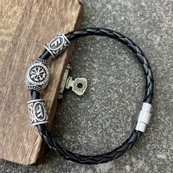 Norse Runes Beads Viking Leather Magnetic Bracelet For Men Women Accessories