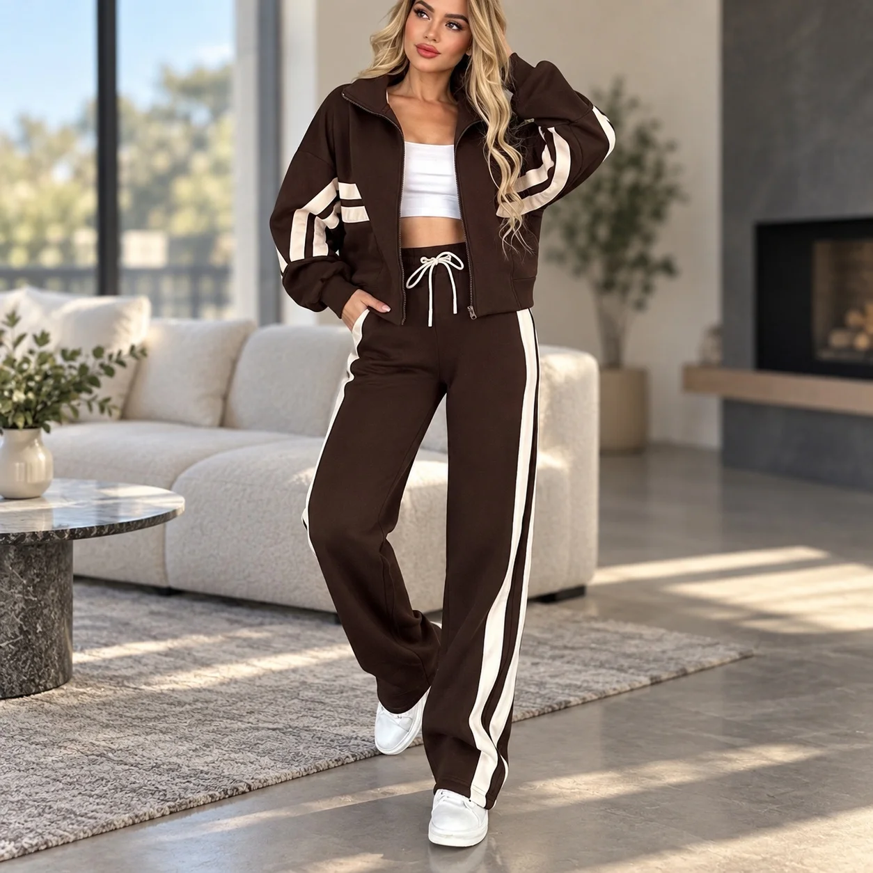 Zipper Printed Set with Workwear Streetwear Long Sleeve Drawstring Autumn Winter Open Front Cardigan Top Elegant Women Sets