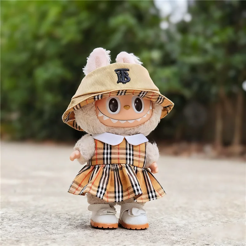 15 17cm For Labubu Doll Luxury Dress Skirt Outfit Clothing Classic Fisherman Hat Plaid Shirt Bag Shoes Set Clothes Accessories