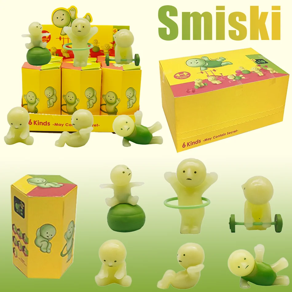 Poupée verte Noctilucent série Smiski, boîte aveugle mystère, cadeau Surprise, modèle de figurines d'action pour décoration de bureau