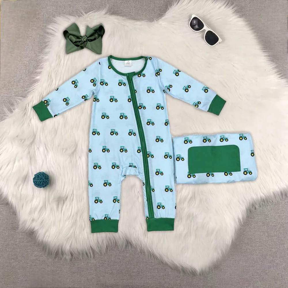 

Baby Infant Boys Green Tractors Bamboo Zip Rompers