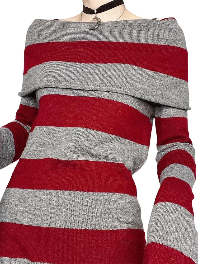 Женское осеннее платье в полоску с вырезом лодочкой и длинным рукавом, облегающее короткое платье Y2K, готические вечерние платья с запахом на бедрах