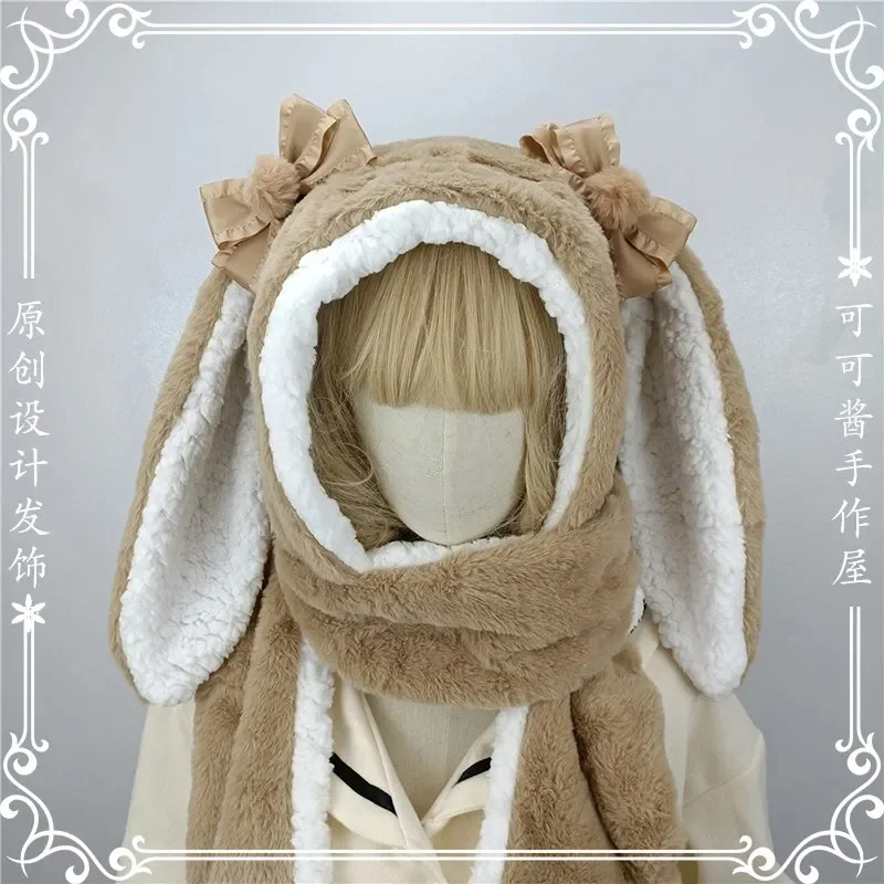 Student Autumn and Winter Warm Hats Japanese Lolita Rabbit Ears Plush Hat Scarf Gloves Cycling Hat