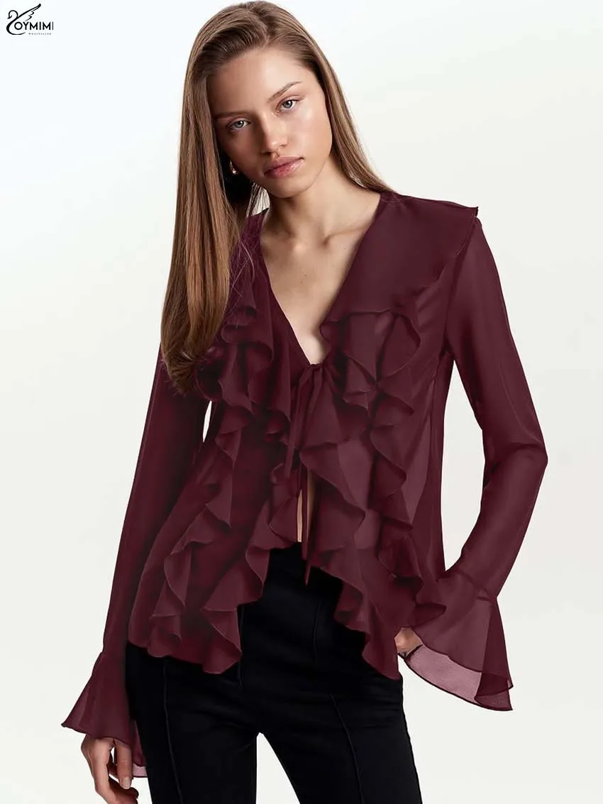 Oymimi Moda Camicia da donna sottile nera Elegante manica lunga con volant Camicette con lacci Estate Nuove camicette traslucide solide Donna