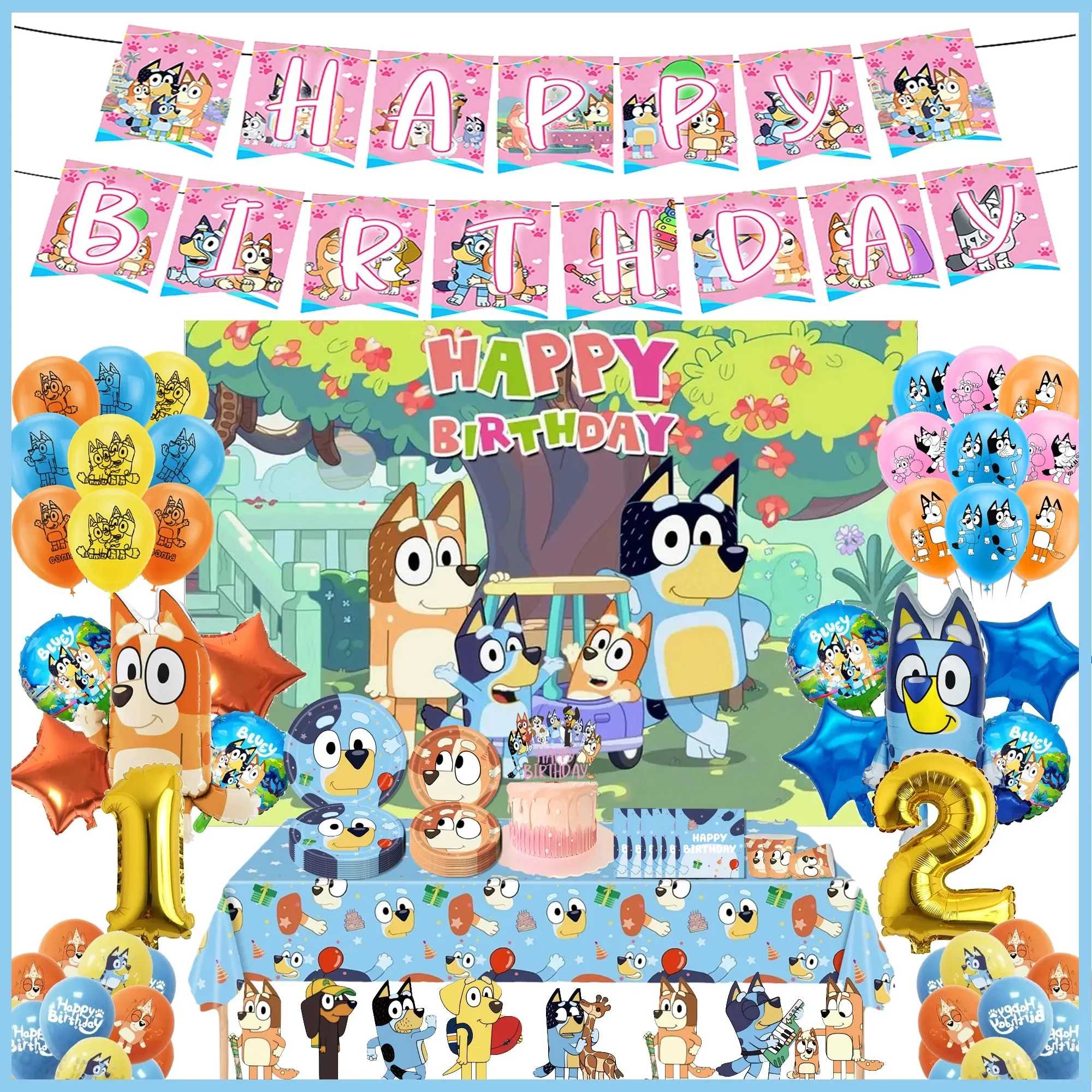 Bluey familia perro bonito plato de cubiertos para fiesta de cumpleaños cartel desechable pastel Topper colgante bandera globos conjunto decoraciones de cumpleaños