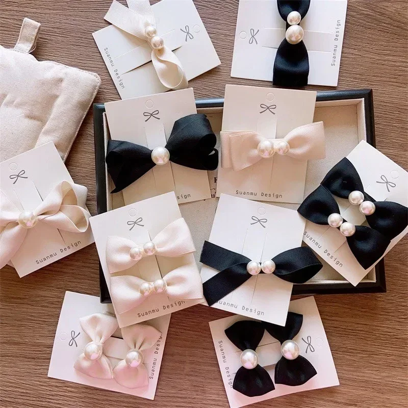 Süße beige schwarze Schleife Kinder Haarspange Basic Eltern-Kind-Entenschnabel-Clips Schwestern Haarnadel Prinzessin Kopfschmuck Kind Haarschmuck