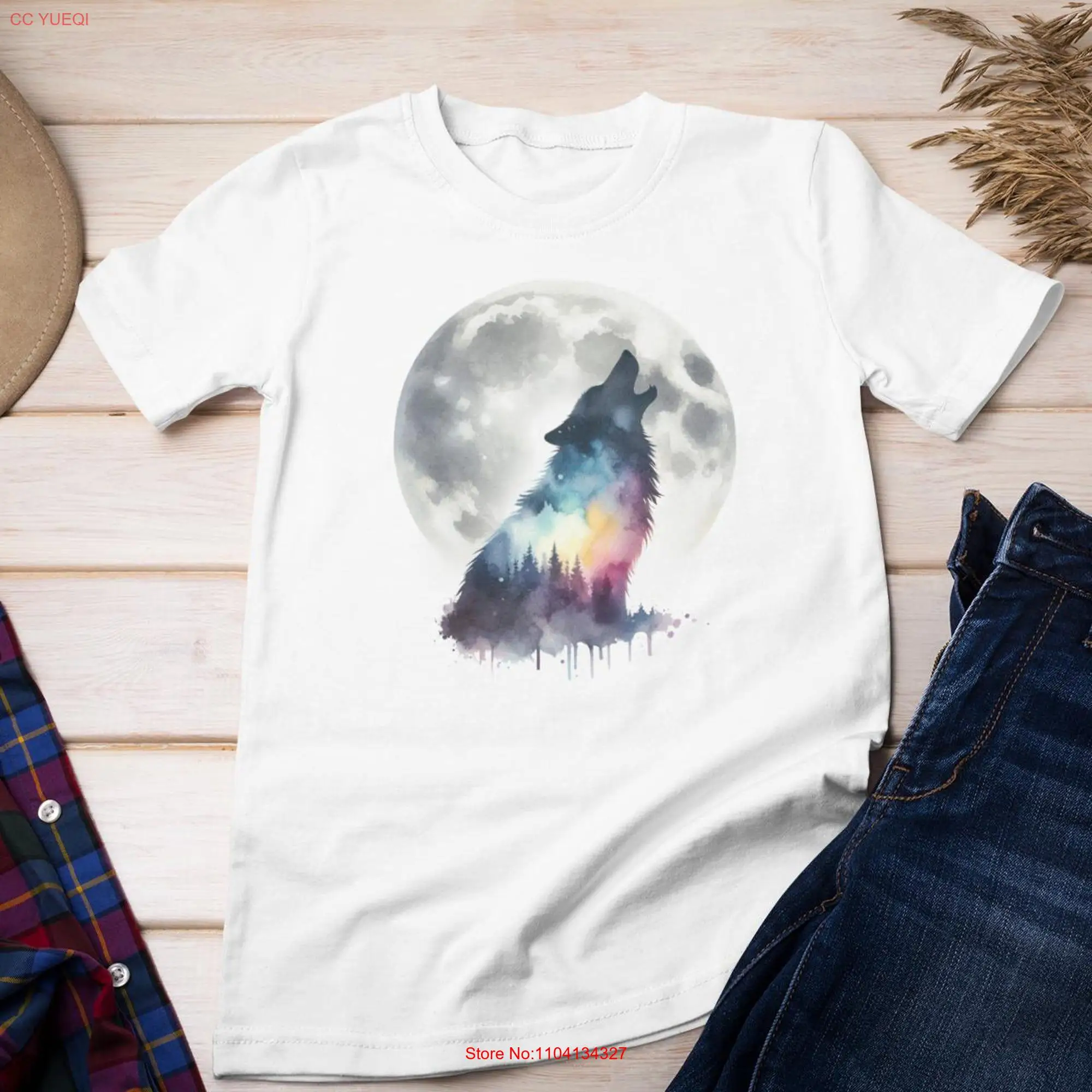 Howling Wolf Silhouette T Shirt Watercolor Moon Design Soft Cotton for Nature Lovers and Artistic Fashion Enthusiasts