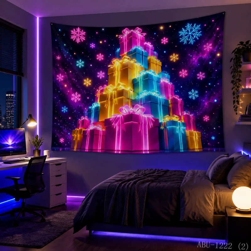 VIKAMA Neon Crystal Gift Box Pile Christmas Tree Elk Snow Mirror Christmas Tapestry HD Background Wall Room Decoration