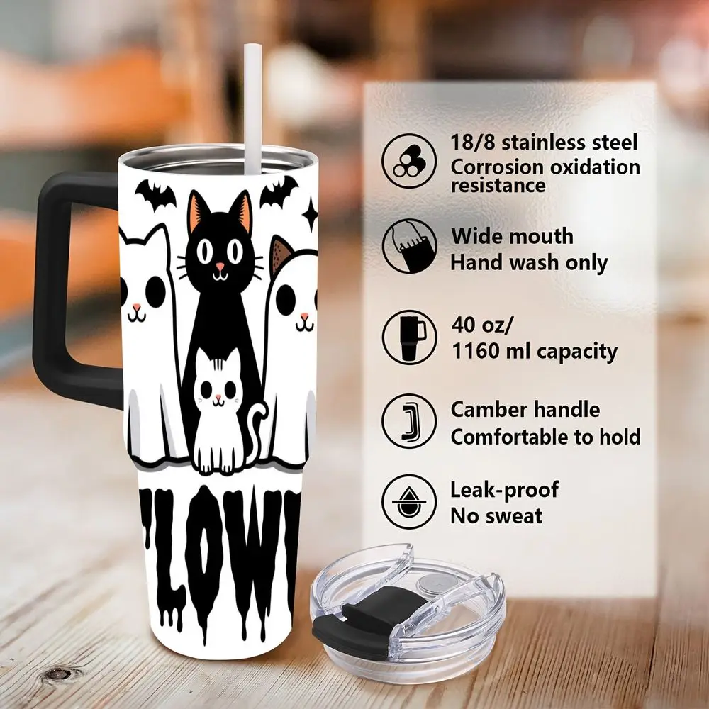 1 قطعة 40 أوقية كاتلوين هالوين القطط معزول القدح ، القط الأسود والقطط الشبحية تصميم السفر القدح ، كوب القهوة المعزول على الحائط المزدوج ، C
