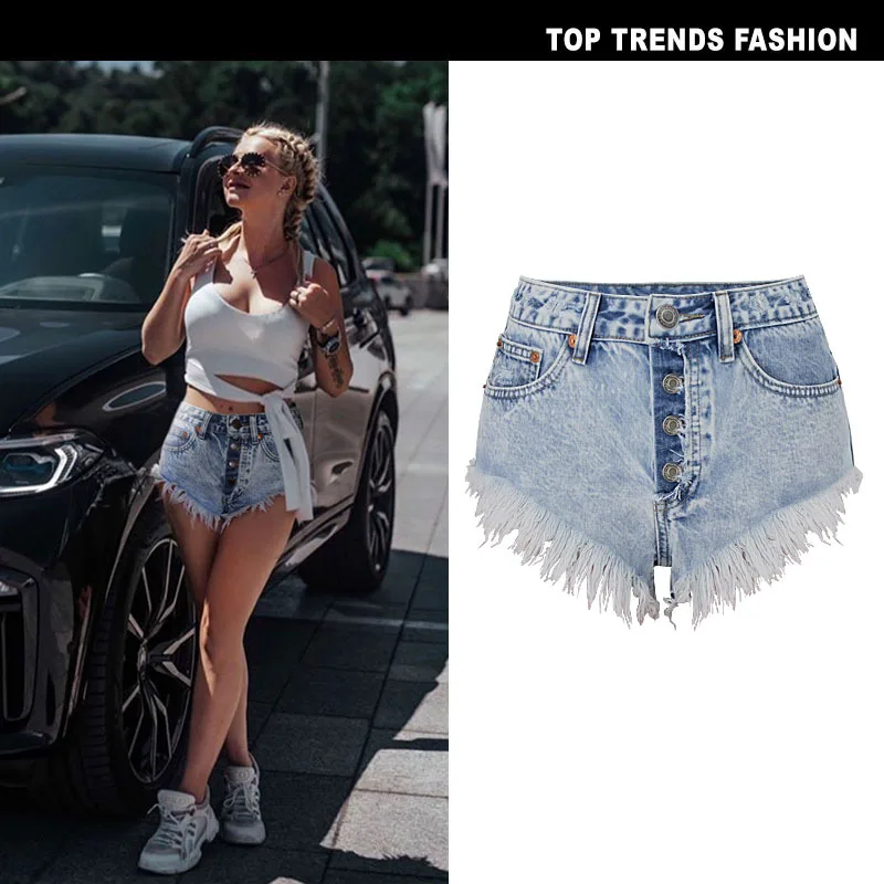 

Women's Ripped Mid Rise Denim Jeans Shorts Summer Button Tassel Single-breasted Wide-leg Denim Shorts Jeans Streetwear