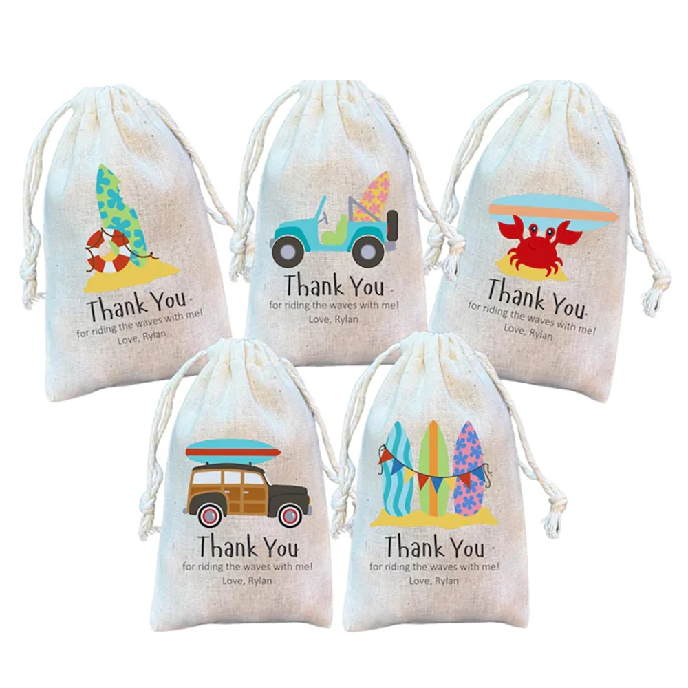 Bolsas personalizadas para recuerdos de fiesta con temática de Surf, regalos de estilo playero para cumpleaños de niños o accesorios de decoración de mesa para Baby Shower, 5 uds.
