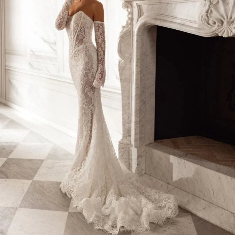 Lace White Appliques Wedding Dresses off-shoulder fishtail decal long sleeves Bridal Gowns Made Customized