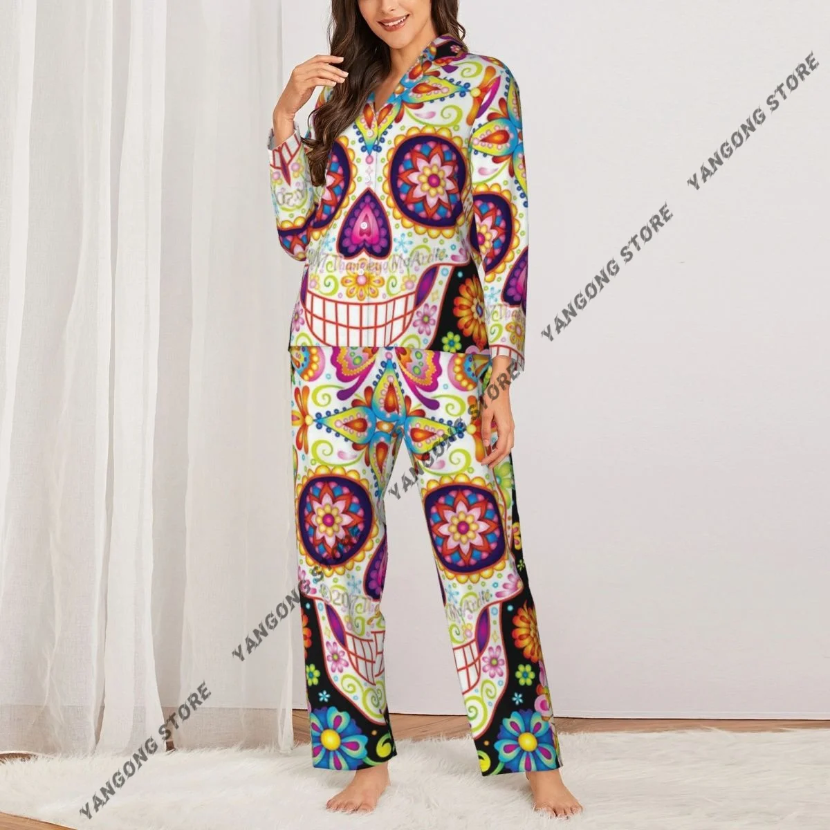 Spring and Autumn Pajama Set Women's Long Sleeve Pants Two Piece Day Of The Dead Mexican Skull Home Furnishing Set