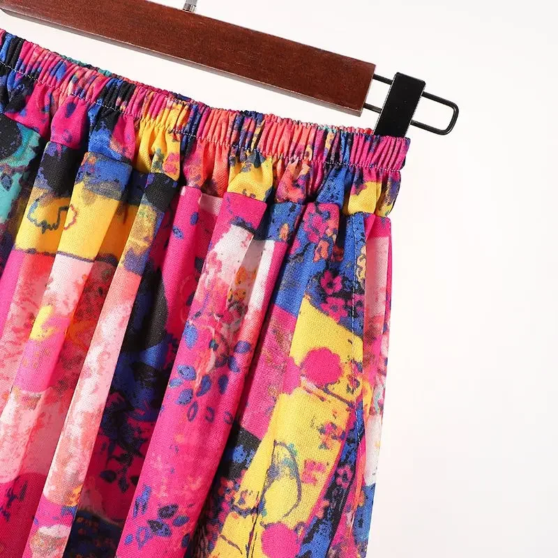 Gonna lunga stampata in stile etnico per donna nella primavera ed estate Nuova gonna a trapezio drappeggiata di grandi dimensioni Fat Mm