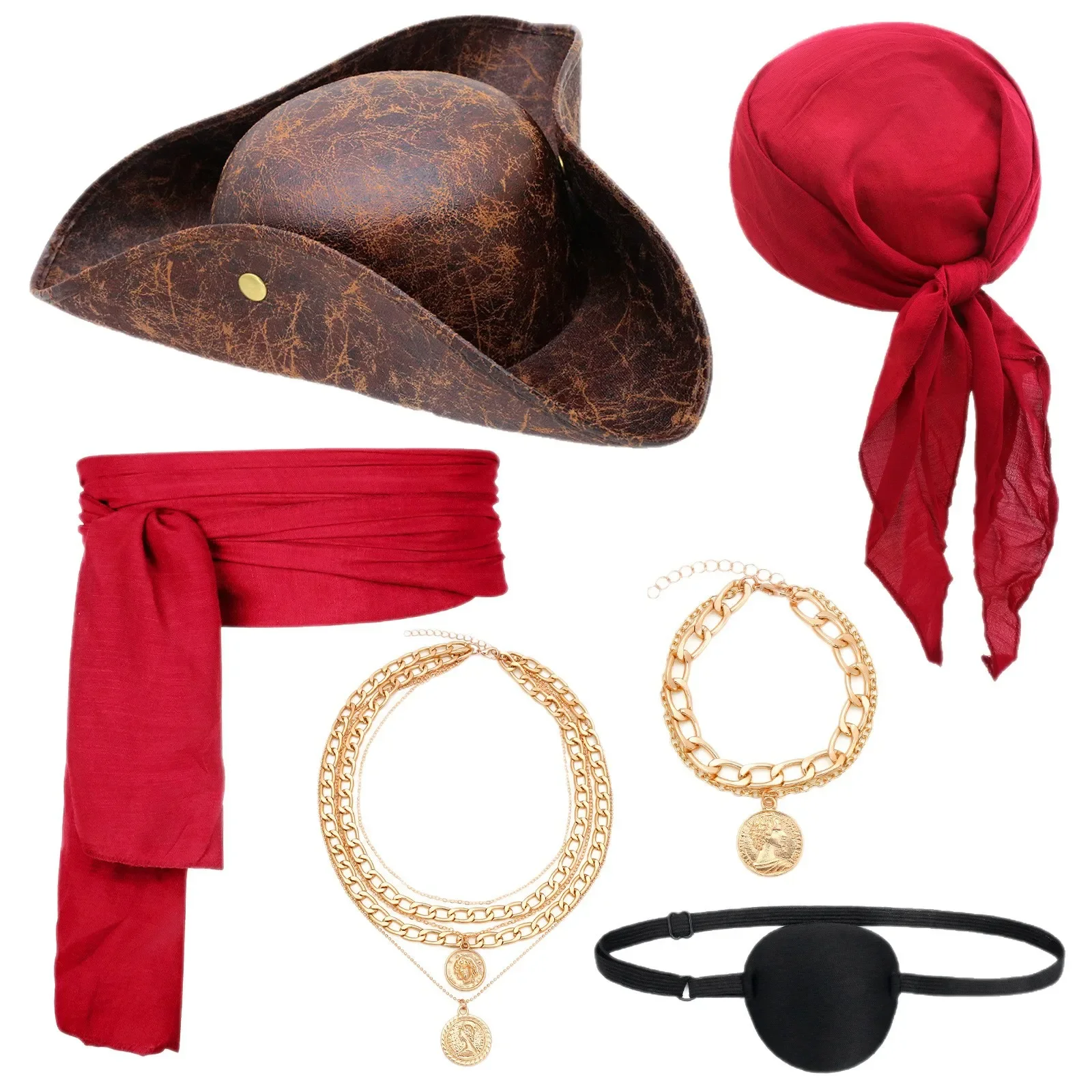 Pirate Costume Accessories Set For Men Women Pirate Hat Pirate Head Scarf Pirate Sash Belt Necklace,Bracelets Dress Accessories