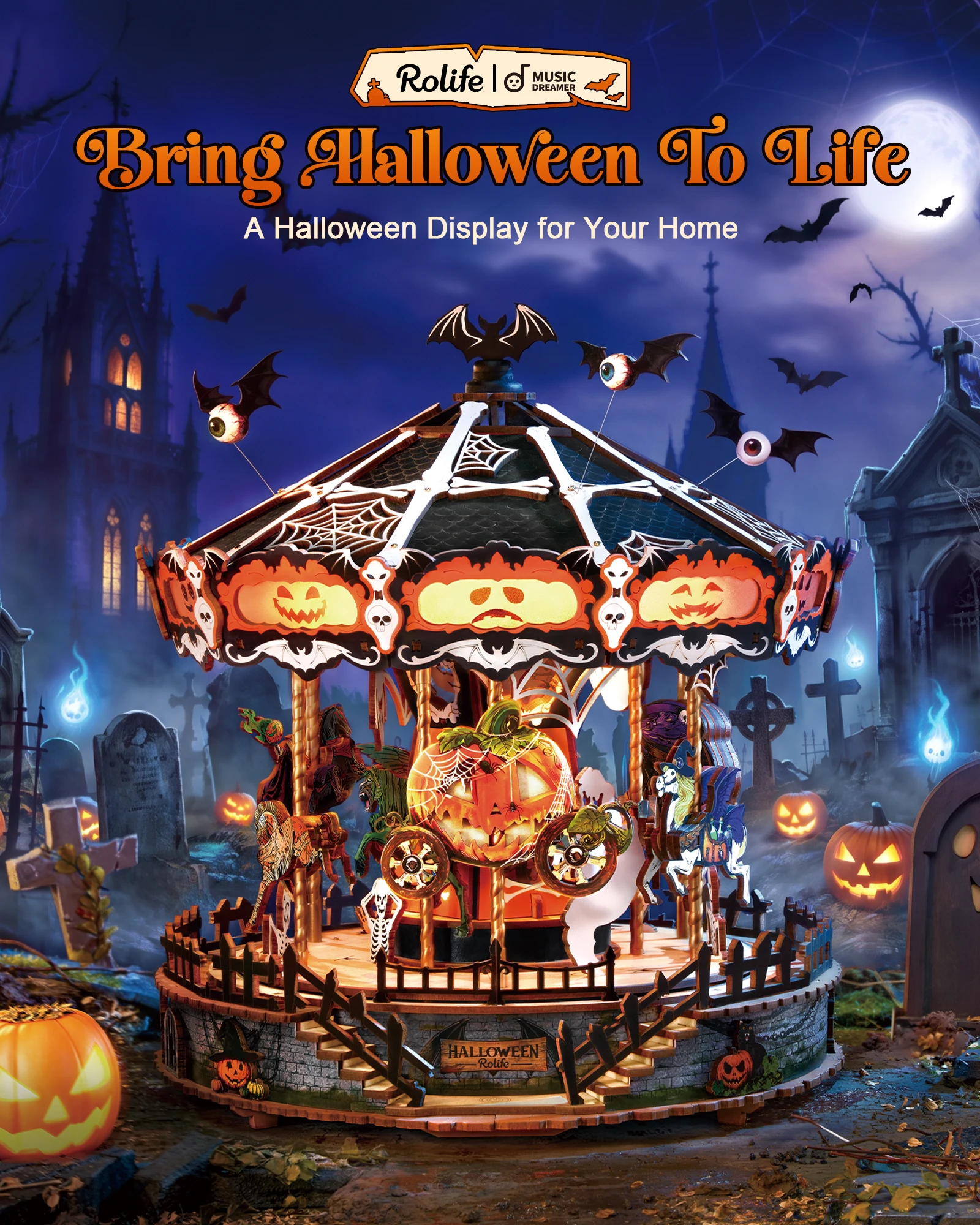 Rolife Wooden 3D Puzzle Toys - Phantom Waltz DIY Music Box with Dazzling LED Light & Dynamic Carousel for Halloween Decor 2 Music Modes suitable for Night Light Halloween Gift for Adults