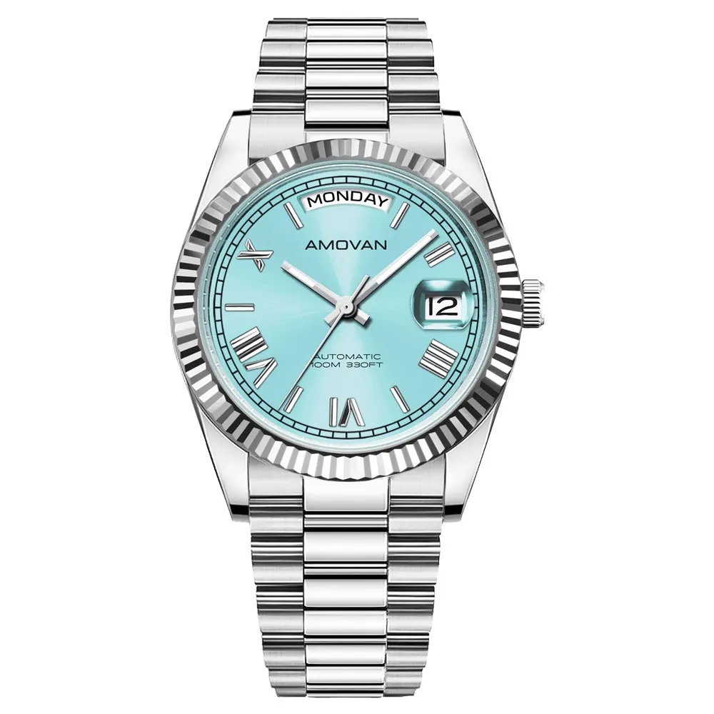 

Men's 40mm Stainless Steel Mechanical Watch with Sapphire Crystal Day and Date Display Business Style 22mm Steel Band