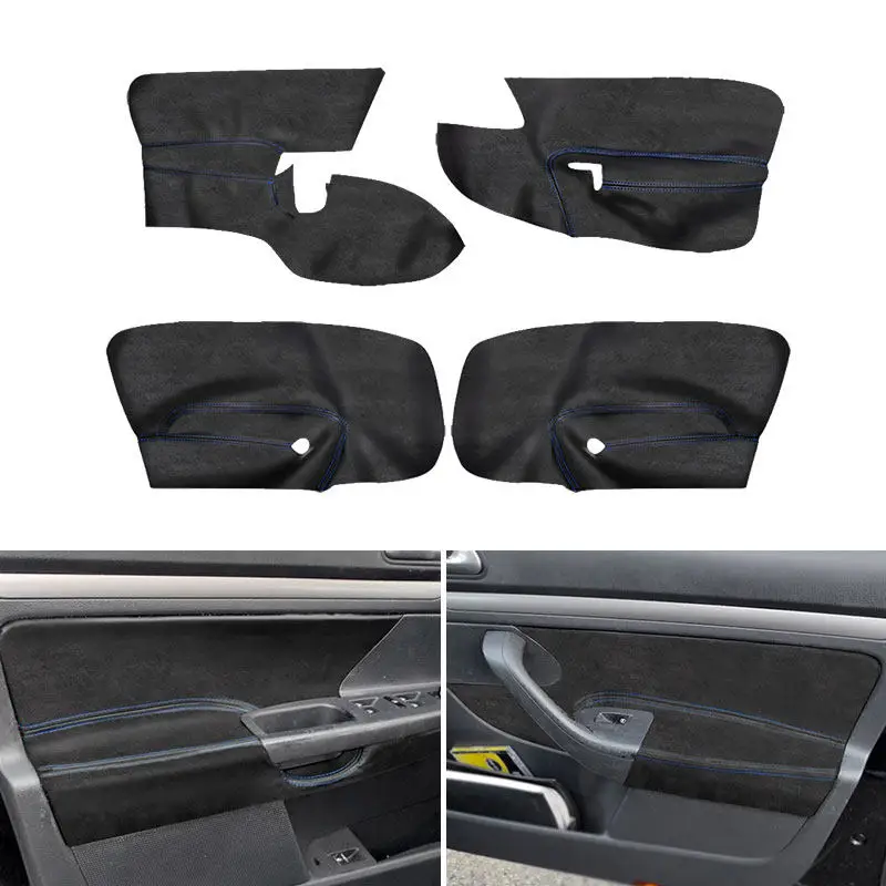 Car-styling Interior Door Armrest Panel Cover Suede Leather Trim For VW Golf 5 MK5 2005-10 LHD 4-Door Black with blue stitching