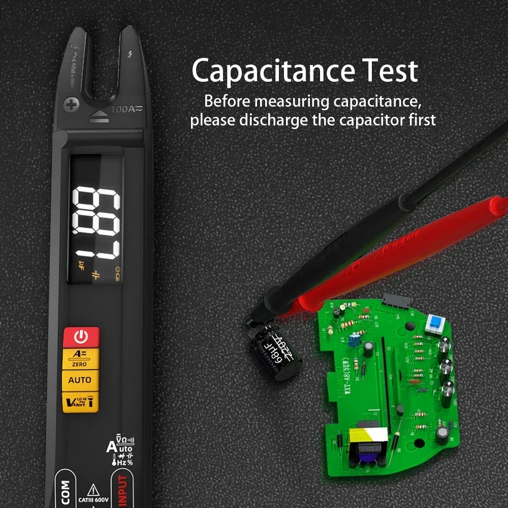 مفتوح الفك المشبك متر 100A DCAC الحالي الذكية الرقمية الكهربائية المتعدد تستر MeasuresVFC السعة استمرارية الجهد أوم