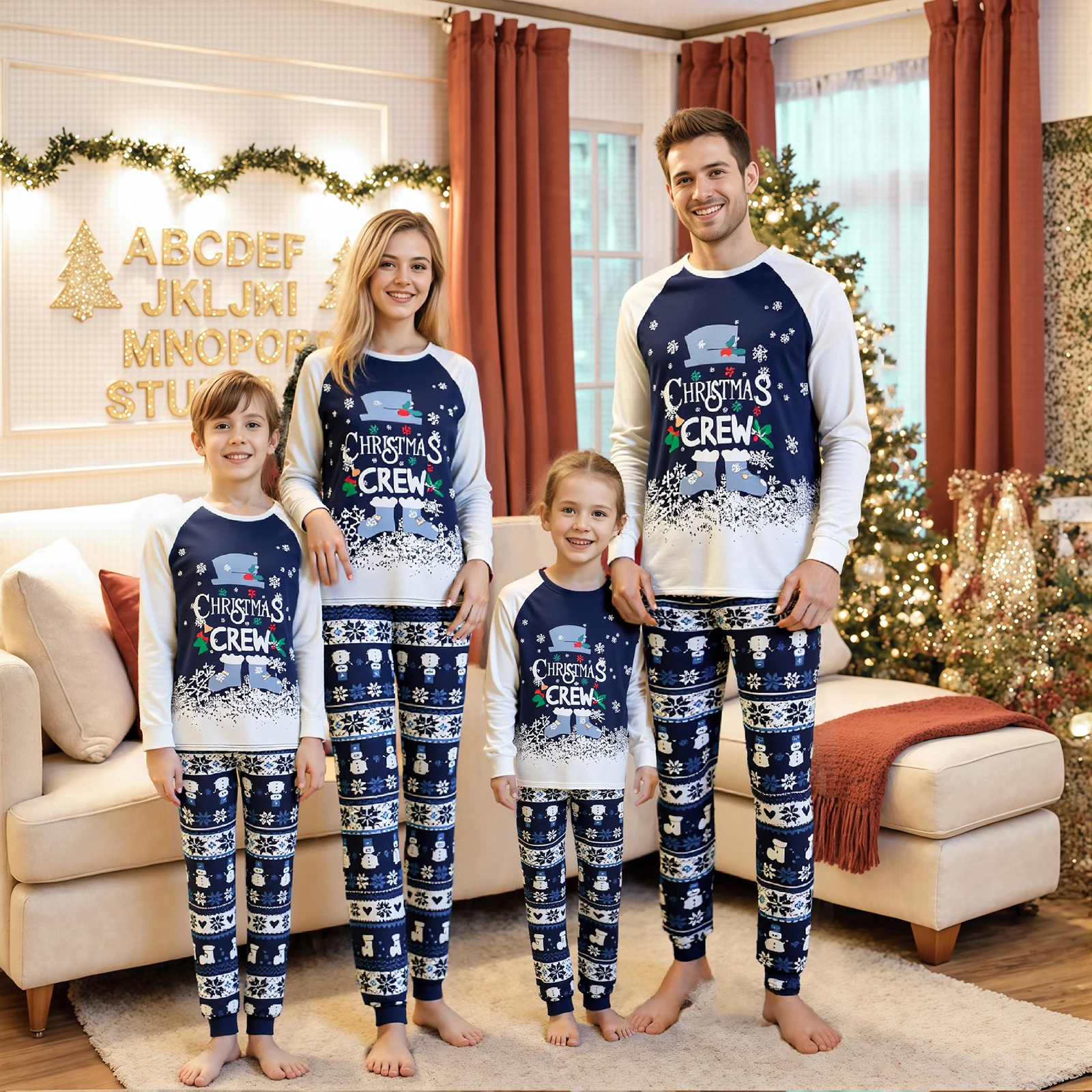Family Christmas Pajamas Matching Sets Snowman Snowflakes Pattern Print Sleep Loungewear Pjs Family Matching Outfits