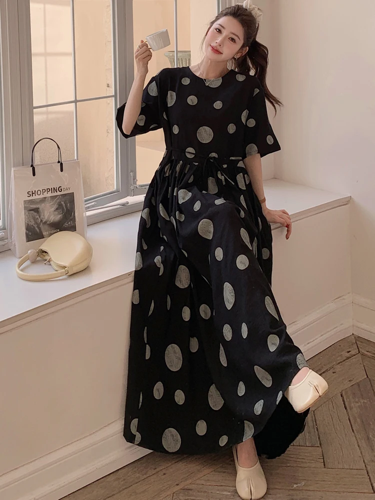 NYFS 2025 فستان نسائي صيفي عتيق فضفاض مقاس كبير بأكمام قصيرة وطباعة نقط فستان طويل رداء Elbise #5