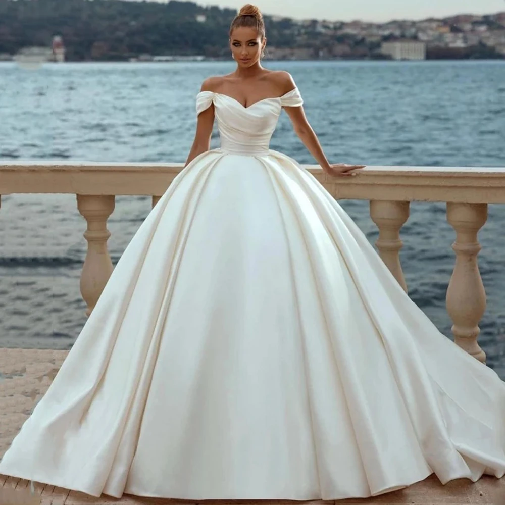 

Modern Draped A-Line Wedding Dress V-Neck Off the Shoulder Short Sleeves with Pleat Bridal Floor Length Sweep Train Gowns