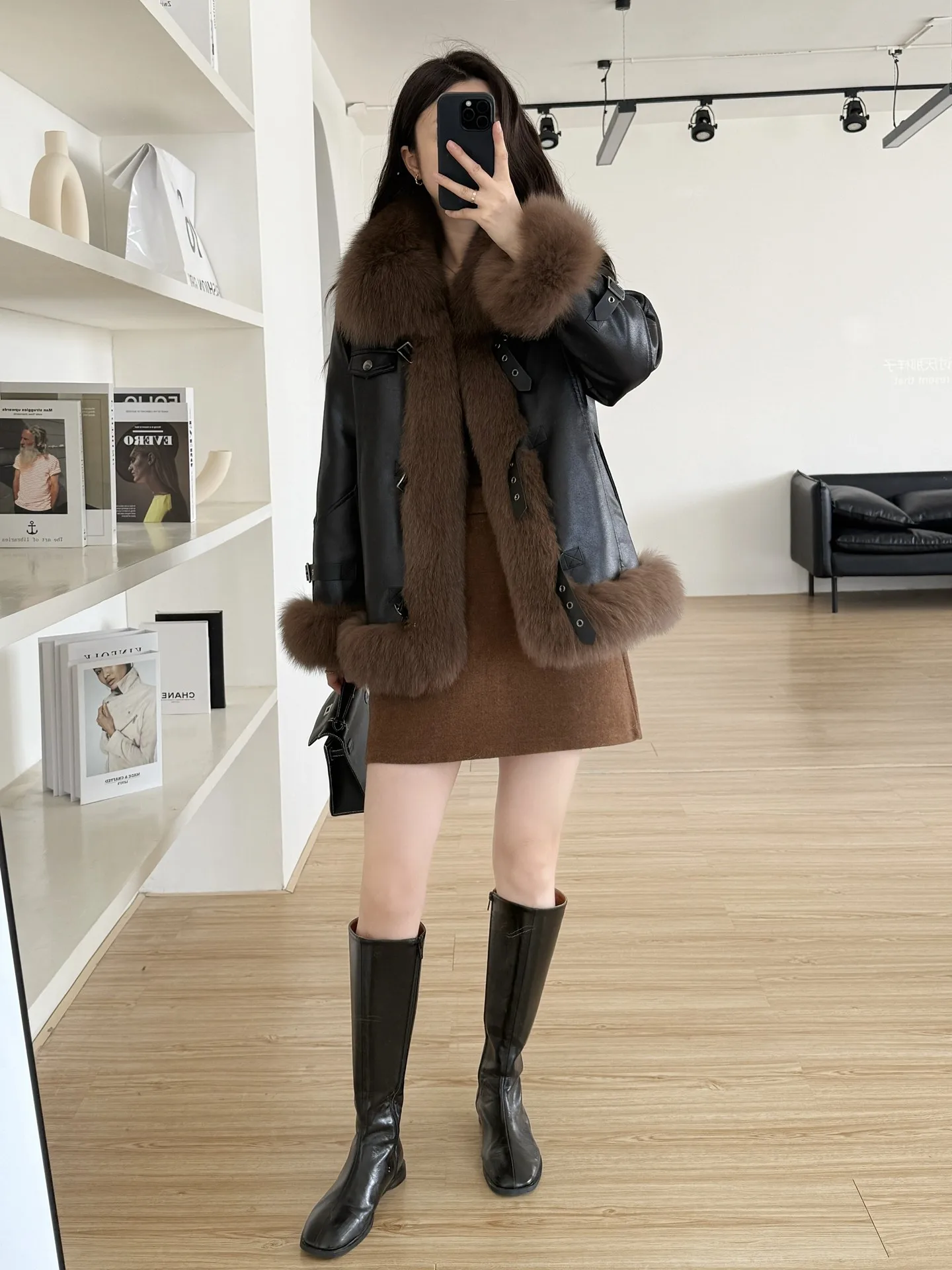 Peter street 2025 inverno nova locomotiva camurça casaco de pele de raposa feminino branco ganso para baixo jaqueta explosão