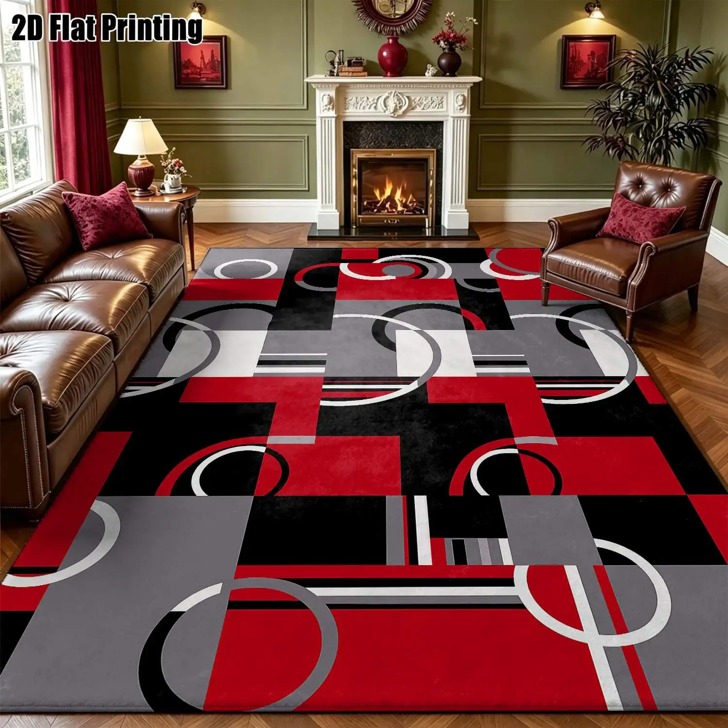 1Pc 2D Printed Carpet: Red, Gray, Black Geometric Abstract Patterns Modern Simple Floor Mat for Instagram, Nordic, European Styles, Home Decor, Multiple Sizes, Machine Washable, Ideal for Entryway, Dining Room, Foyer, Living Room, Bedroom.