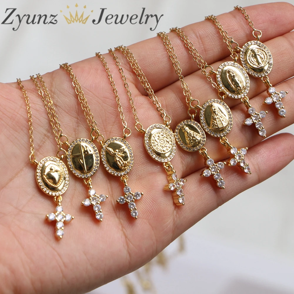 10PCS, Zircon Cross Jesus Virgin Mary Pendant Charm Chain Necklace For Catholic Christian Jewelry