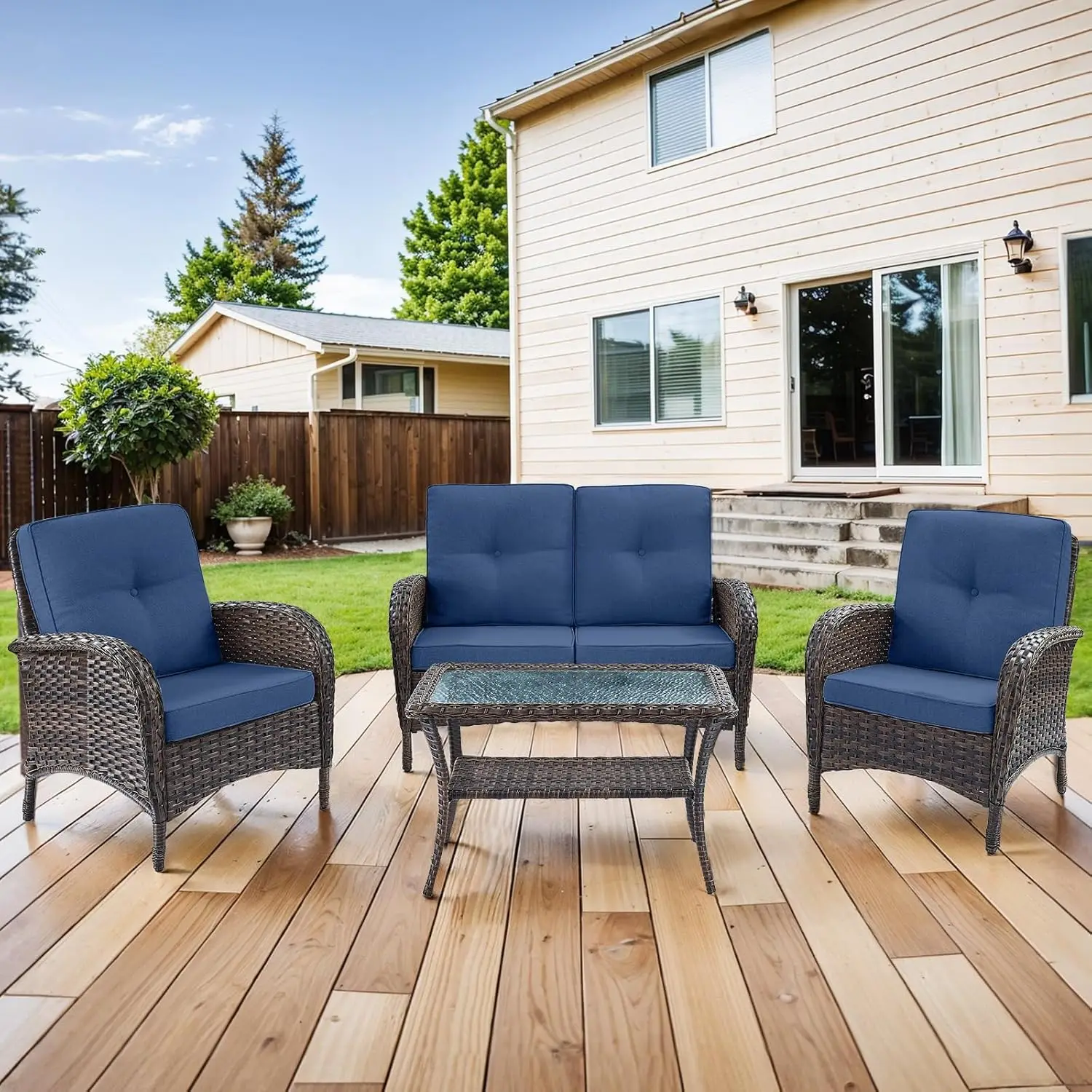 

4-Piece Patio Furniture Wicker Outdoor Conversation Set,All-Weather Rattan Outdoor Sofa Set Patio Chairs Coffee, Customized