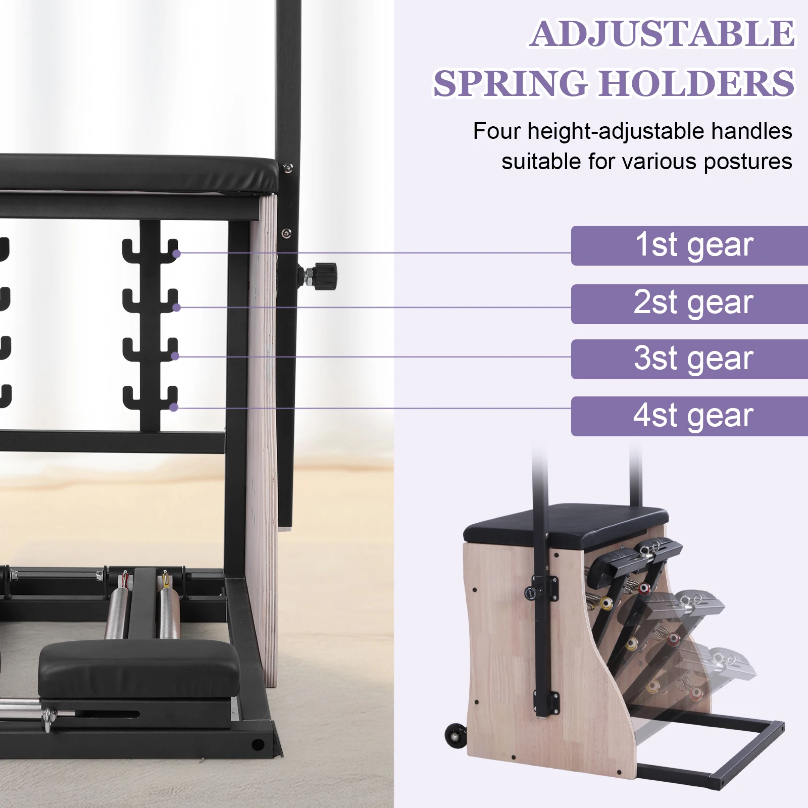 Oak Wood Pilates Chair Reformer Machine with Adjustable Resistance with Springs Split Pedal Handles for Home Use and Studio view 5