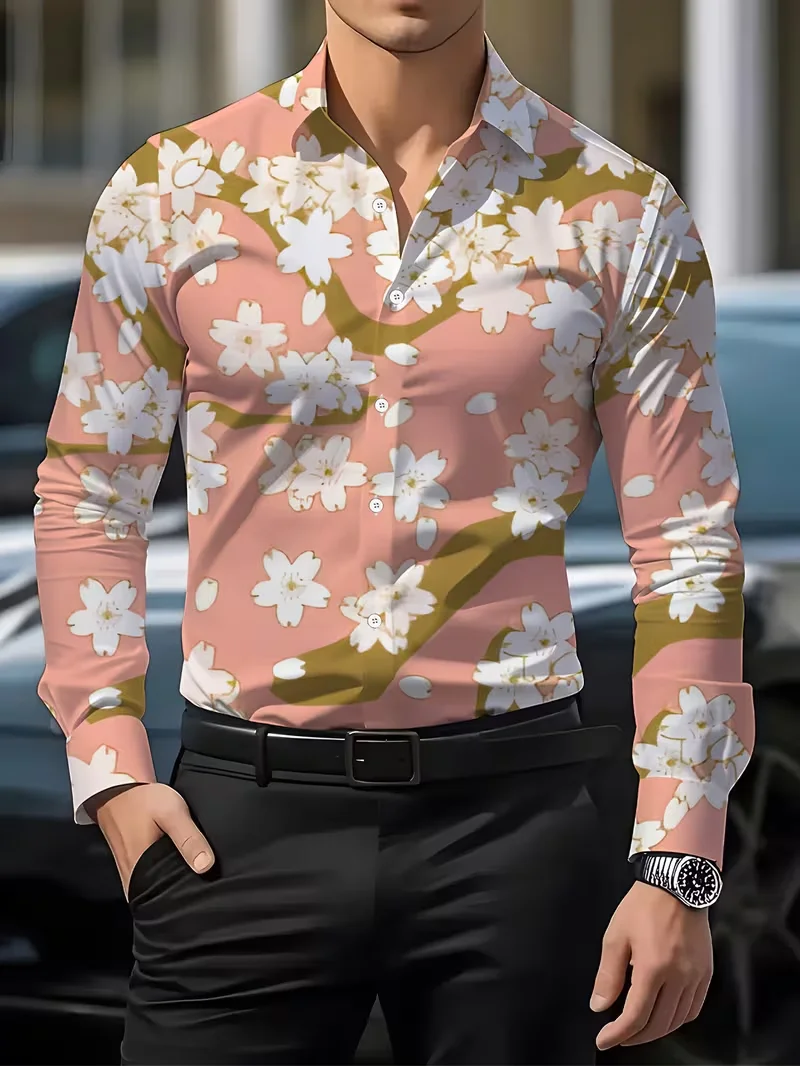 New Light Luxury Yellow Rose Flower Men's Long Sleeve Shirt Black Bottom Slimming Collar Party Shirt