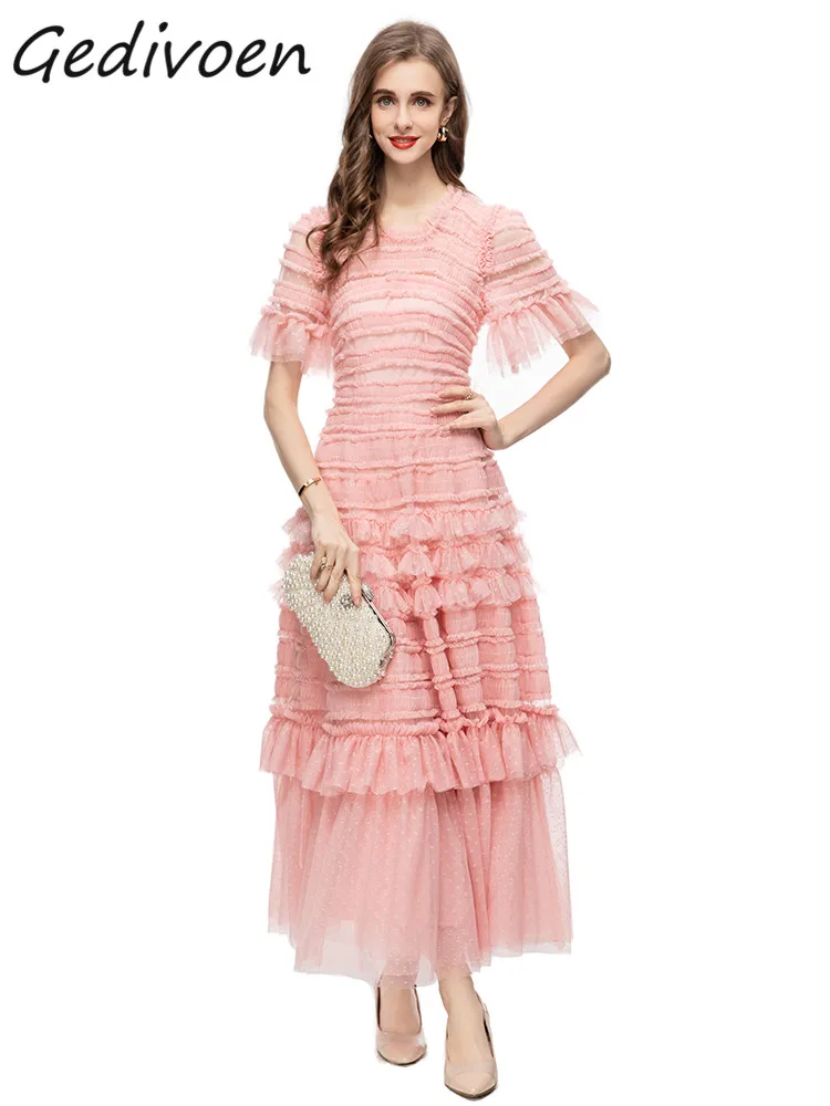 Gedivoen Summer Fashion Designer Mesh Dots Party Dress Women's Short Sleeve Ruffles Spliced High Waist Elegant Pink Long Dress