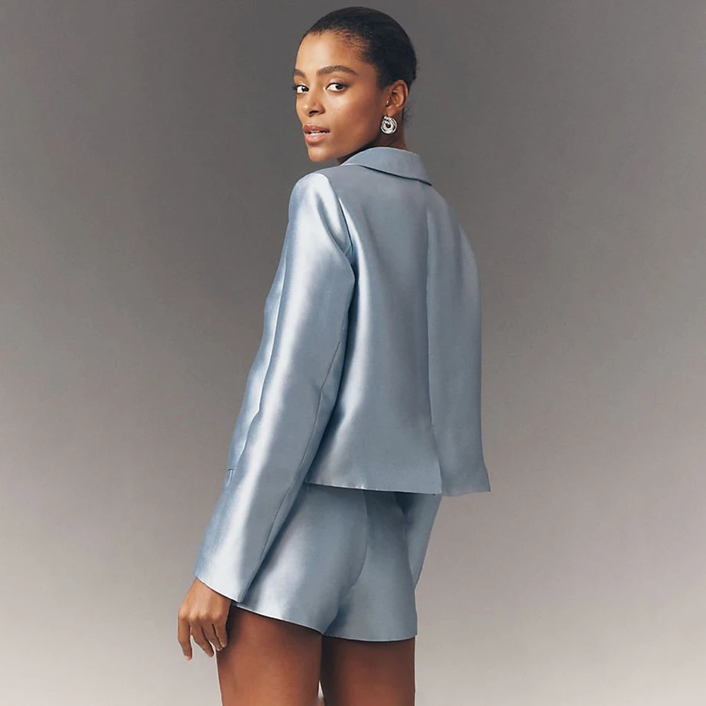 Sweet Women's Light Blue Satin Suit Cropped Peter Pan Collar Jacket+Mini Shorts 2Piece Vacation Set Single Breasted Party Outfit