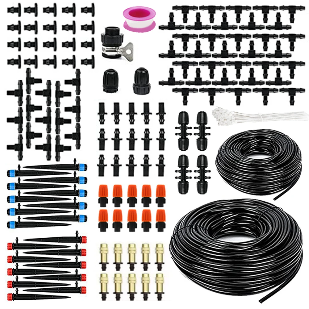 200FT Mist Irrigation Kits, Drip Irrigation System with 1/2 Inch Hose 1/4 Inch Drip Irrigation Tubing for Farmland Bonsai Plant