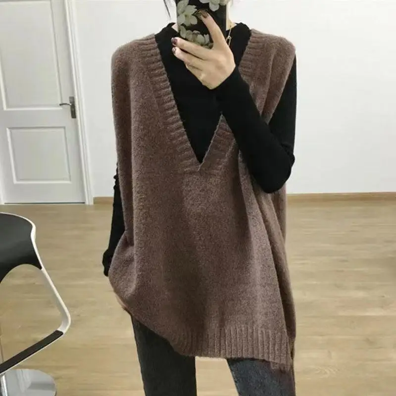 Loose Sweater Vest Mid-Length Open Front V-Neck  Color Commute Style Autumn Winter Fashion Women's Vest Top