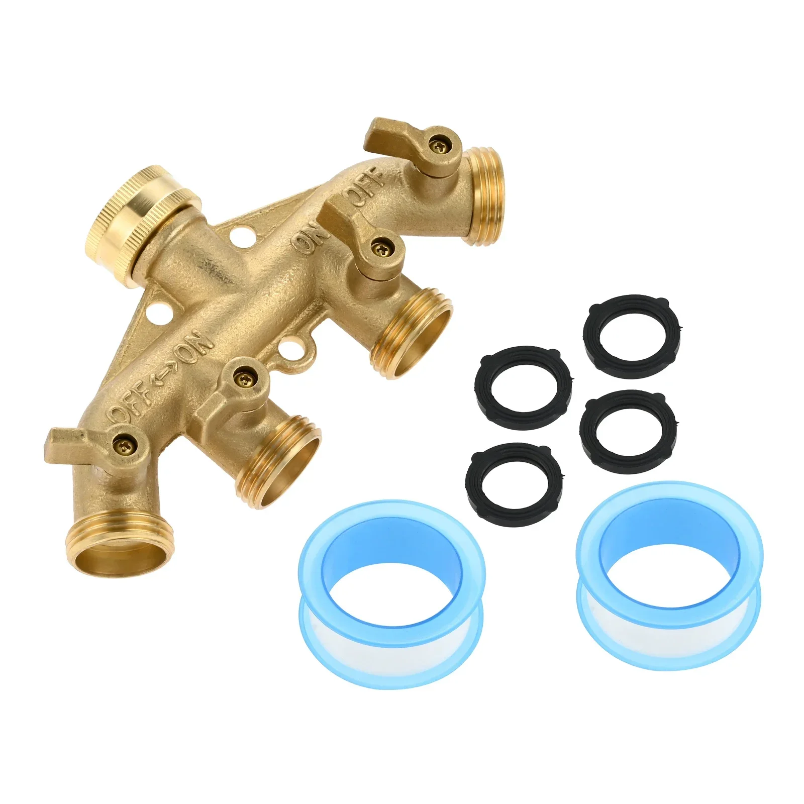 

4-way Hose Splitter 3/4" Garden Faucet Individually Controlled Hose Manifold Valves Tap Connector with O-rings Thread Seal Tape