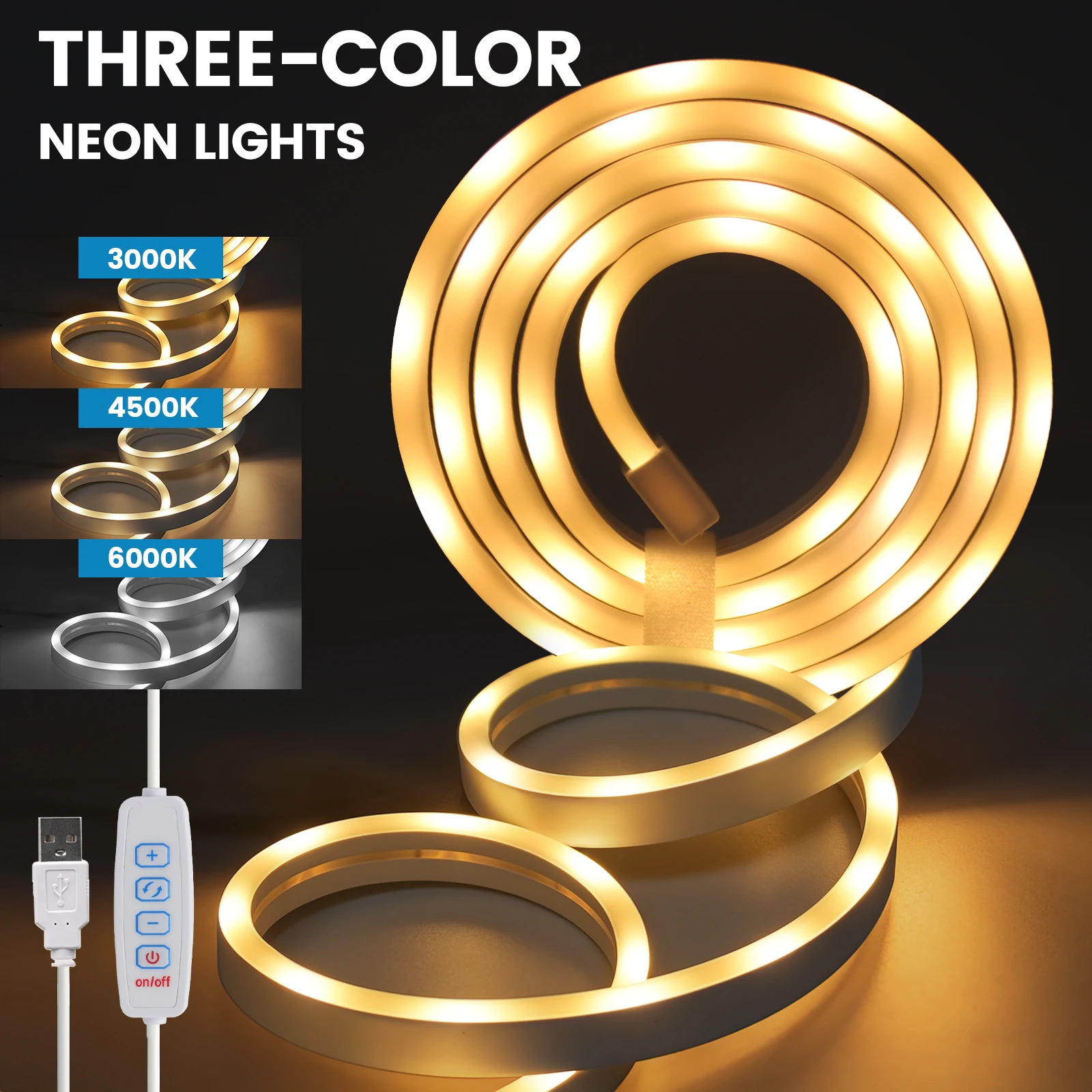 Dual Color LED Strip Neon Light 5V USB OFF ON Switch Waterproof Ribbon Neon Sign 90Leds/m Flexible LED Tape White/Warm White