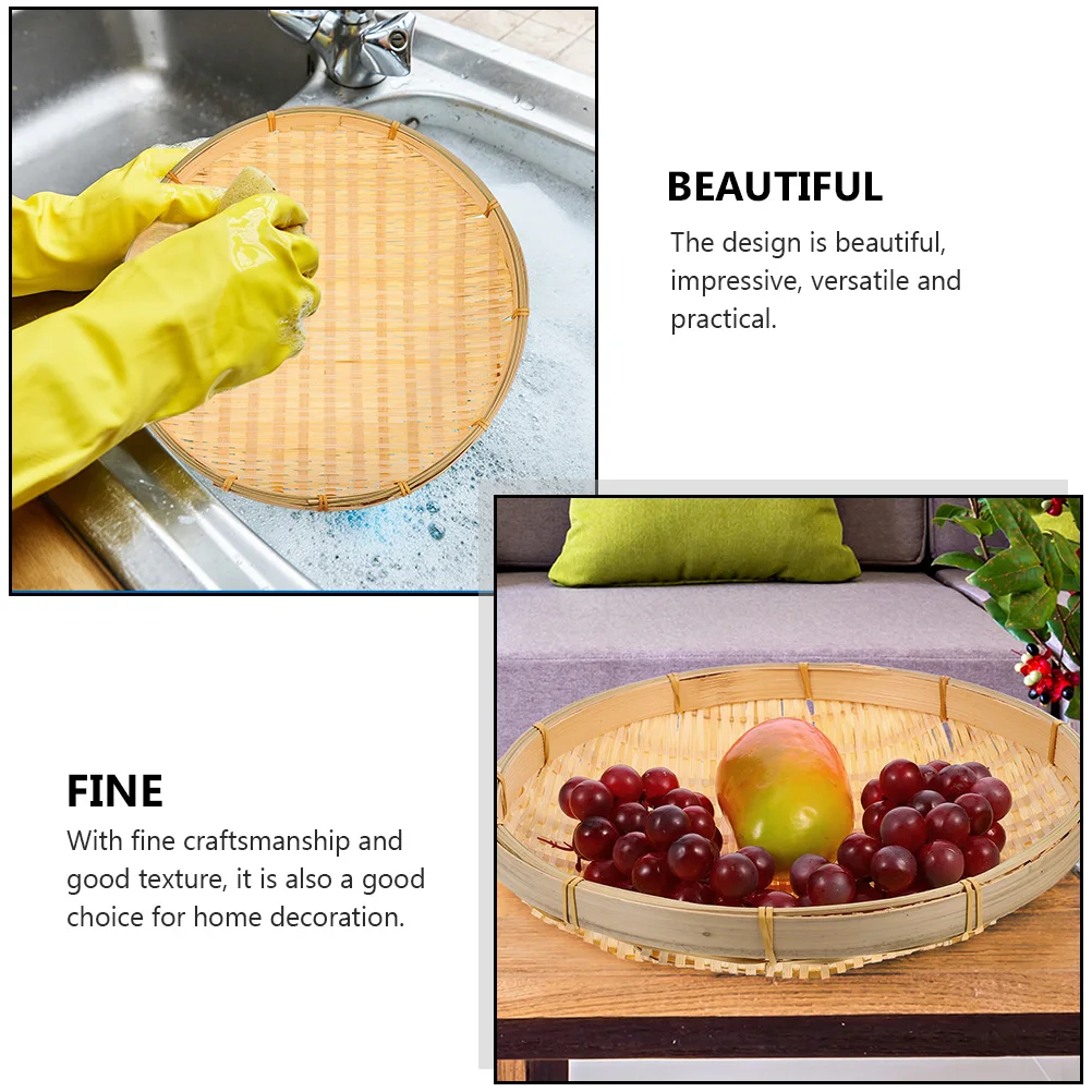 

1pc Bamboo Woven Basket Round Storage Sieve For Rice Cleaning Food Tray Snack Holder Kitchen Organizer Dustpan Fruit Basket