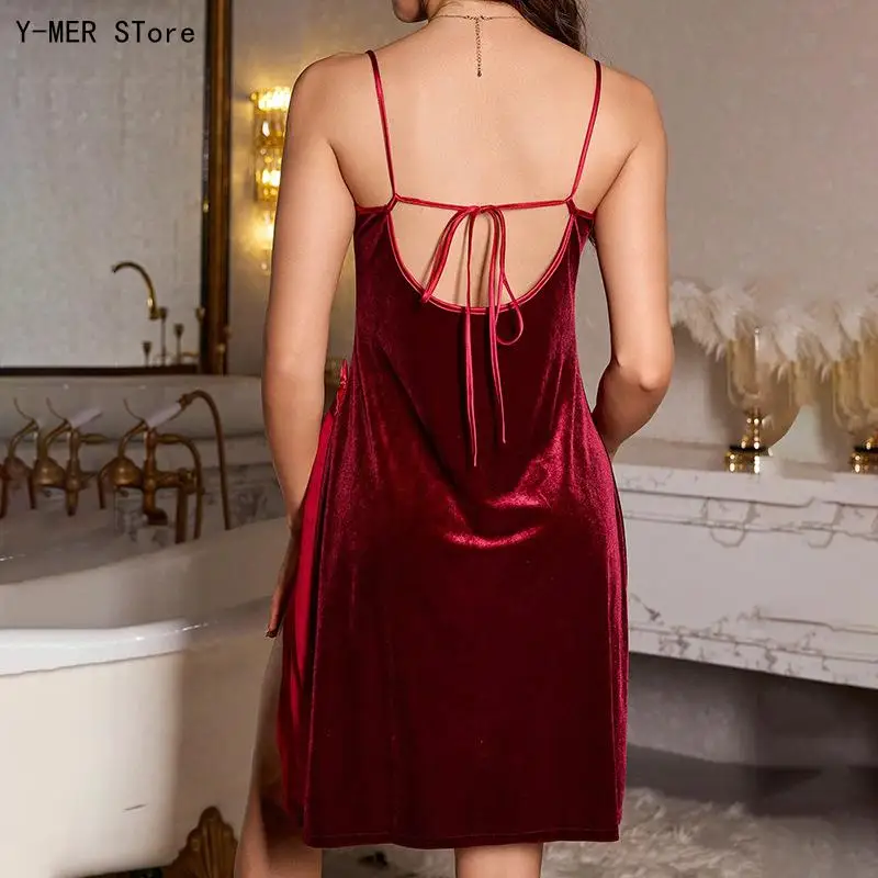 Women Thick Velvet Long Nightgown Sexy Split Open Back Spaghetti Strap Wearable Outside Spring Autumn Home Loungewear