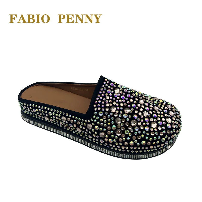 Italian design fashion casual Colorful Shiny Diamonds  Round Toe flat Baotou Shoes African party lady slippers