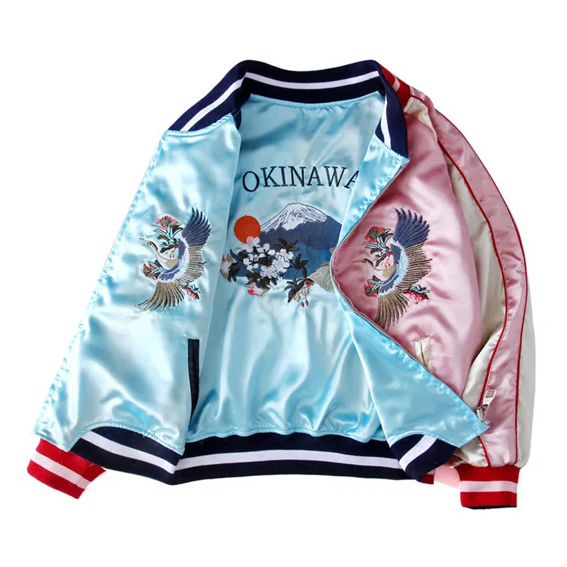 Double Sided Satin Baseball Jacket Women Sukajan Bomber Jacket Female Girls Embroidery Coat 2026 Spring Autumn Pink Blue